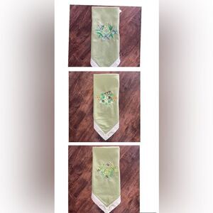Upcycled Set of 3 Sage Cotton Floral Embroidered Napkins with Cream Trim